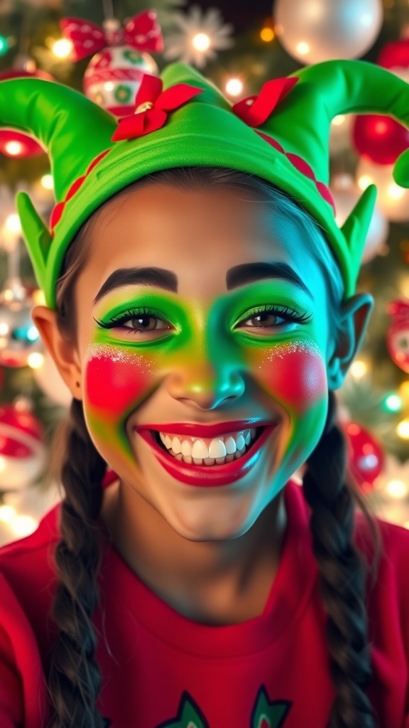 A person with colorful elf makeup, smiling in a festive setting with Christmas decorations.
